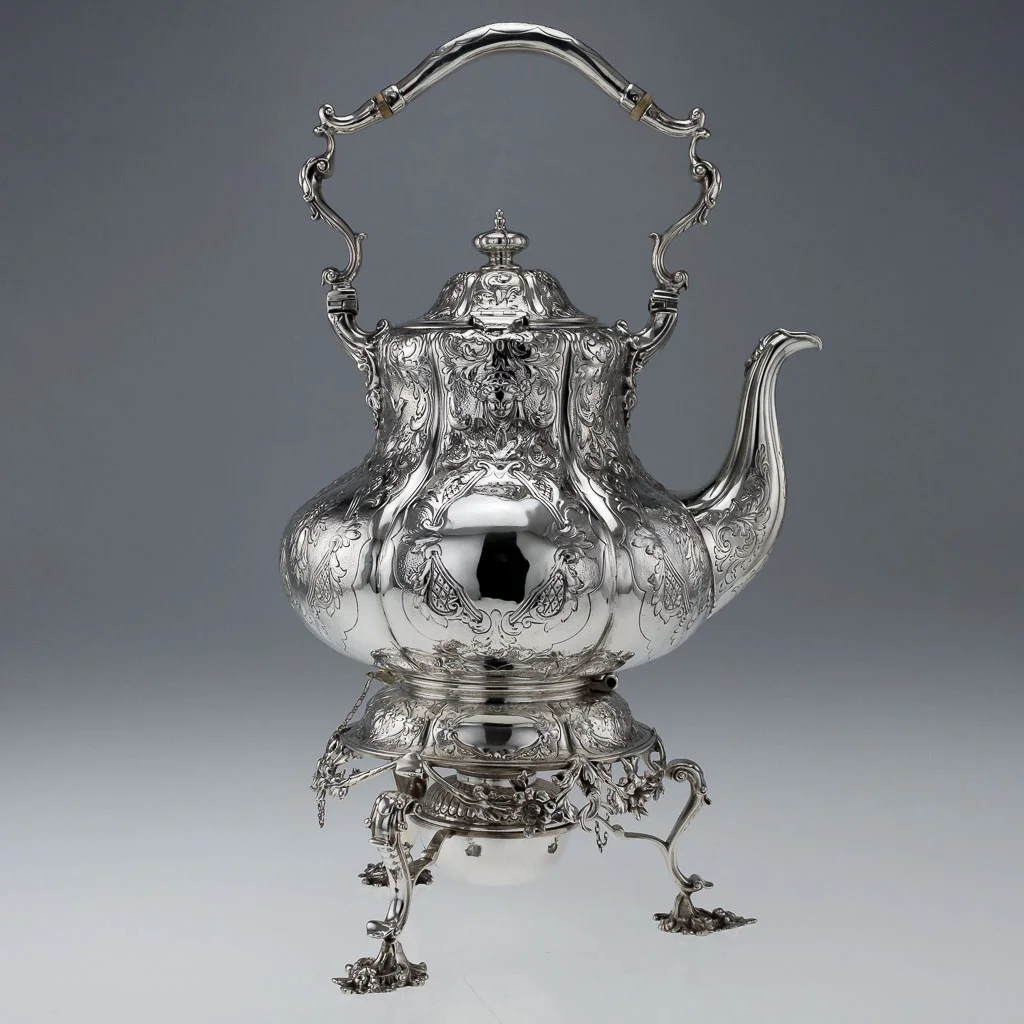 ANTIQUE 19THC RARE VICTORIAN SOLID SILVER LARGE TEA KETTLE STAND & BURNER C.1853-03.jpg
