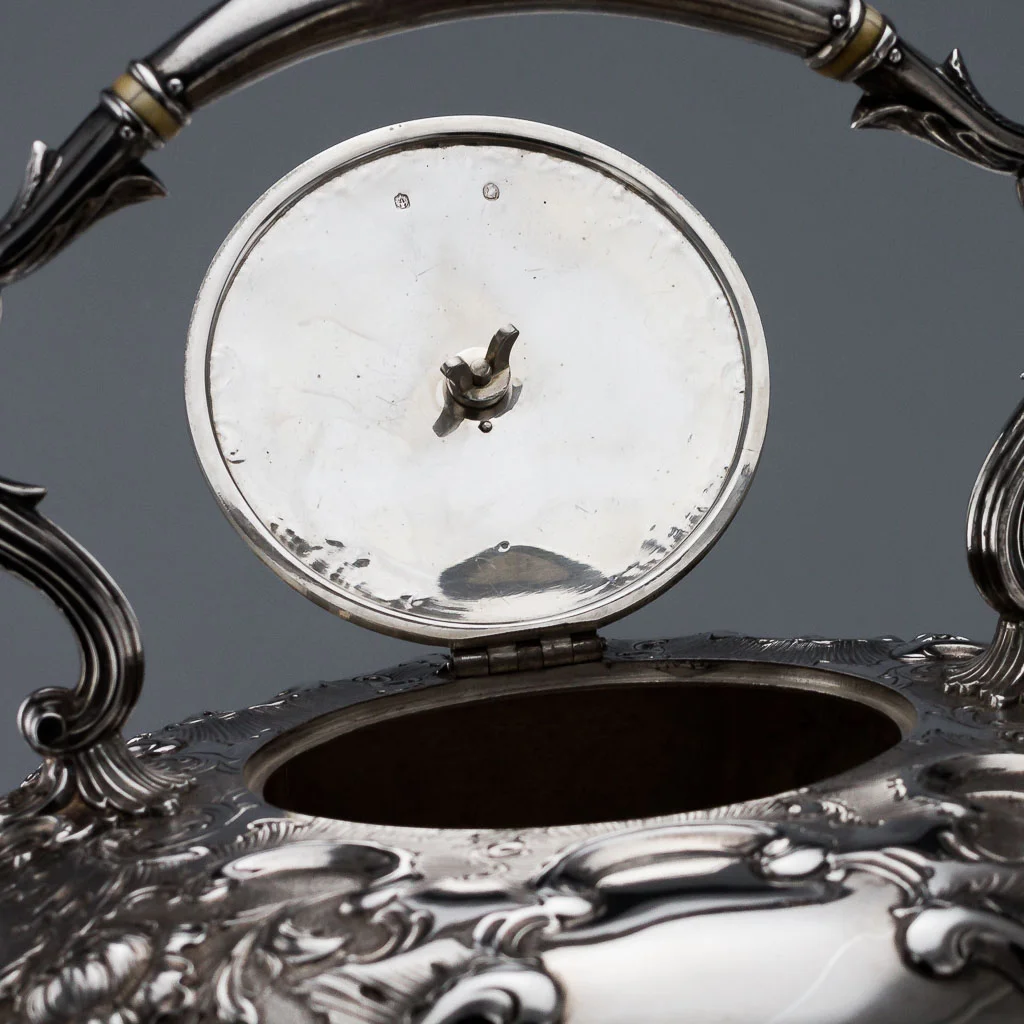 ANTIQUE 19THC SCOTTISH SOLID SILVER LARGE TEA KETTLE STAND & BURNER C1851-09.jpg