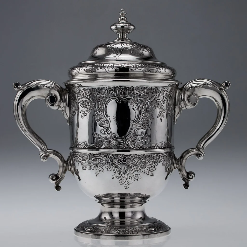 ANTIQUE 18thC RARE GEORGIAN SOLID SILVER TWIN HANDLED CUP & COVER, LONDON c.1717-03.jpg