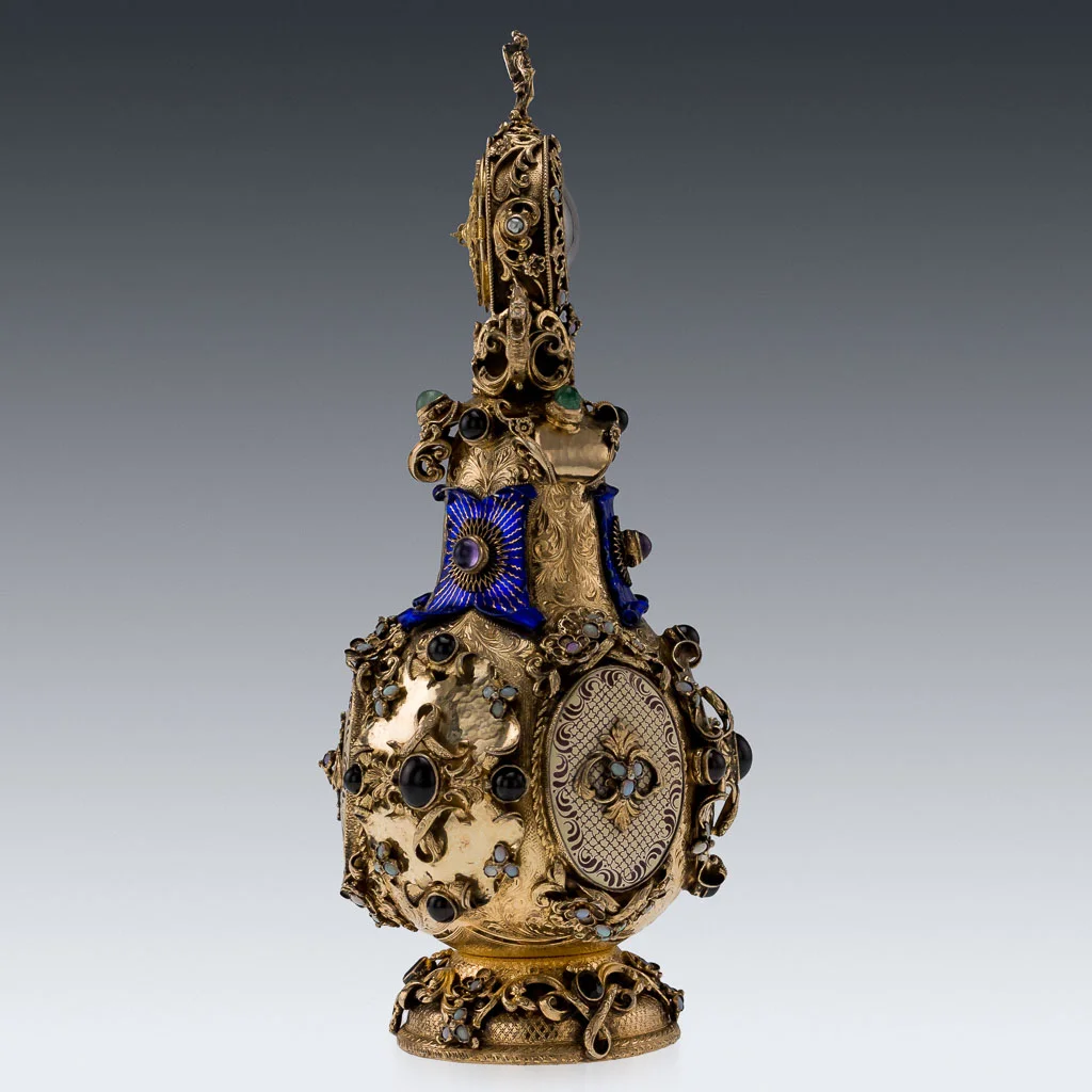PUSHKIN ANTIQUES ANTIQUE 20thC AUSTRIAN SOLID SILVER, GEMSTONES & ENAMEL CLOCK DECANTER c.1900-04.jpg