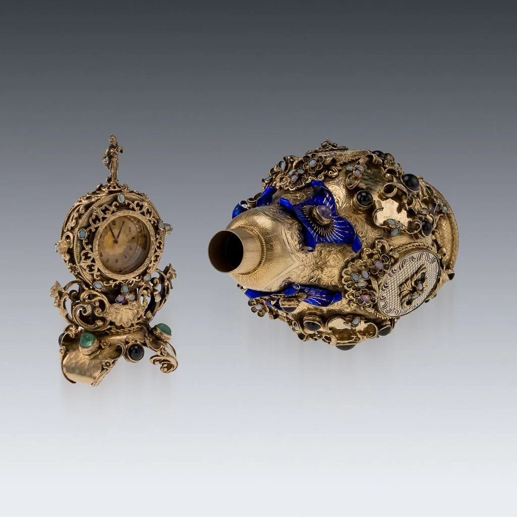 PUSHKIN ANTIQUES ANTIQUE 20thC AUSTRIAN SOLID SILVER, GEMSTONES & ENAMEL CLOCK DECANTER c.1900-05.jpg