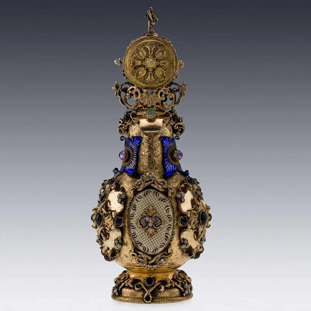 PUSHKIN ANTIQUES ANTIQUE 20thC AUSTRIAN SOLID SILVER, GEMSTONES & ENAMEL CLOCK DECANTER c.1900-03.jpg