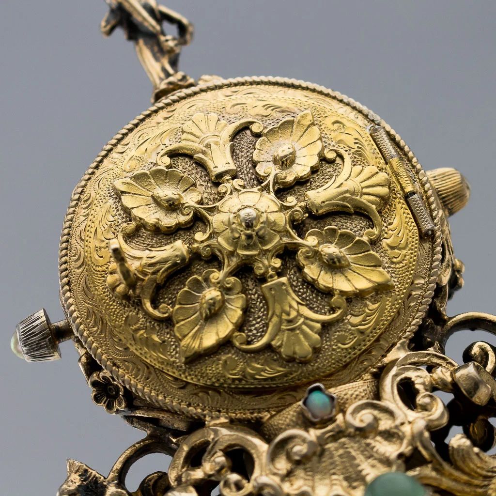 PUSHKIN ANTIQUES ANTIQUE 20thC AUSTRIAN SOLID SILVER, GEMSTONES & ENAMEL CLOCK DECANTER c.1900-13.jpg