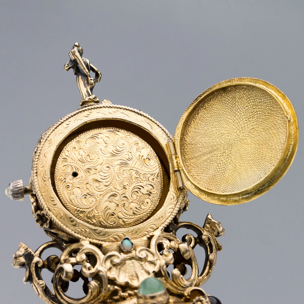 PUSHKIN ANTIQUES ANTIQUE 20thC AUSTRIAN SOLID SILVER, GEMSTONES & ENAMEL CLOCK DECANTER c.1900-14.jpg