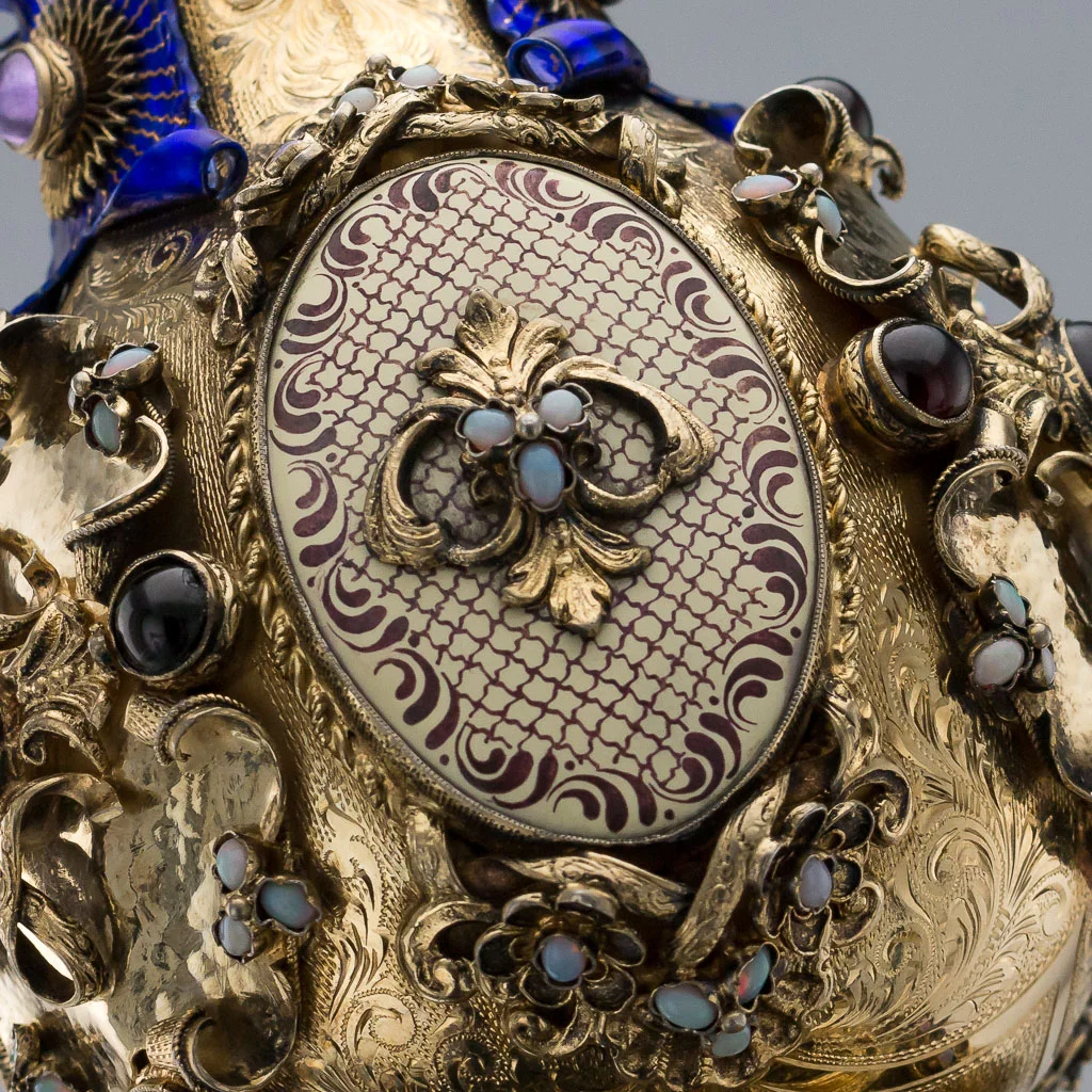 PUSHKIN ANTIQUES ANTIQUE 20thC AUSTRIAN SOLID SILVER, GEMSTONES & ENAMEL CLOCK DECANTER c.1900-22.jpg