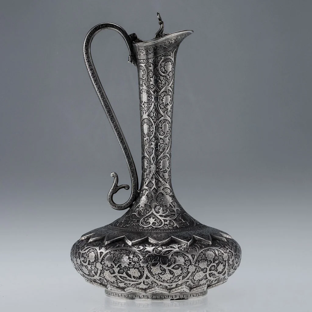 PUSHKIN ANTIQUES ANTIQUE 20thC INDIAN SOLID SILVER HEAVY SHAWL PATTERN EWER JUG, KASHMIR c.1890-03.jpg