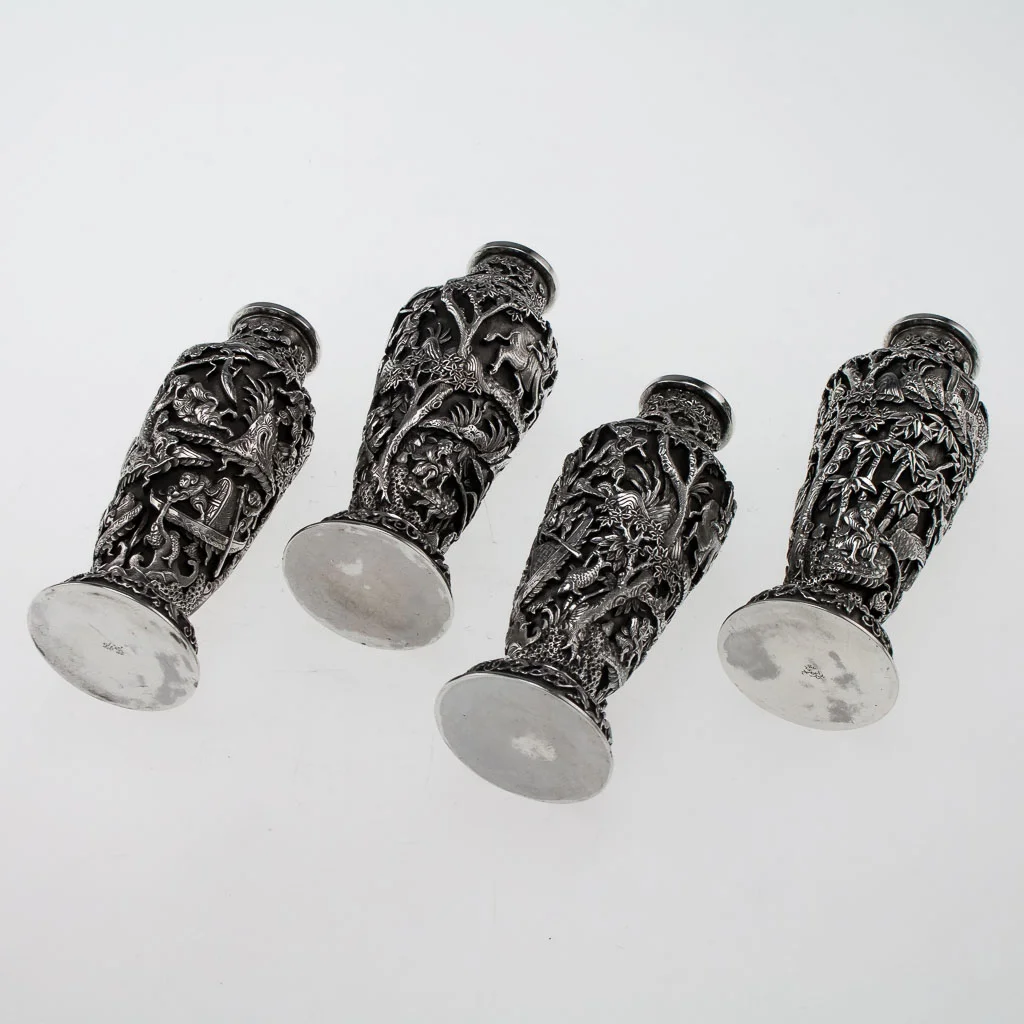 PUSHKIN ANTIQUES ANTIQUE 20THC CHINESE EXPORT SOLID SILVER SET OF 4 REPOUSSE VASES C.1900-07.jpg
