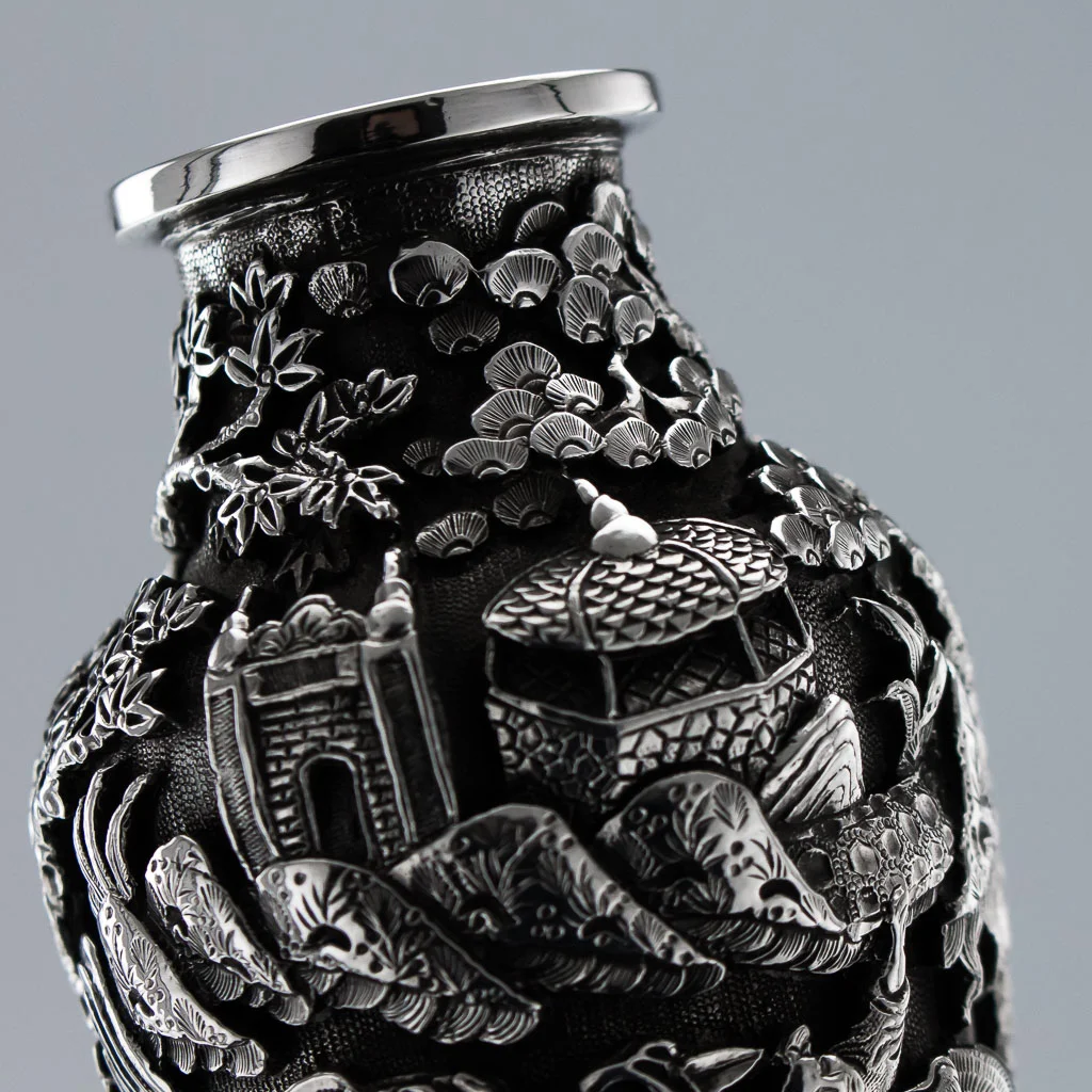 PUSHKIN ANTIQUES ANTIQUE 20THC CHINESE EXPORT SOLID SILVER SET OF 4 REPOUSSE VASES C.1900-08.jpg