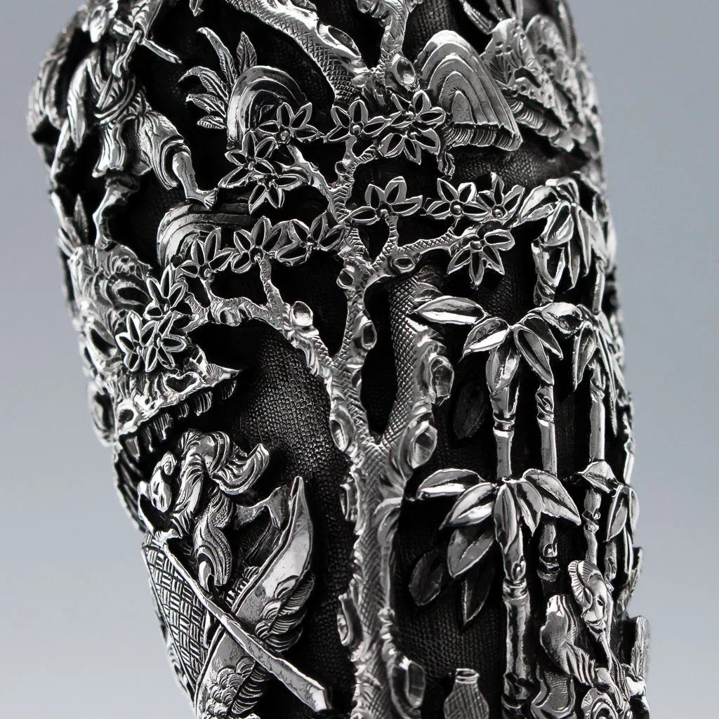 PUSHKIN ANTIQUES ANTIQUE 20THC CHINESE EXPORT SOLID SILVER SET OF 4 REPOUSSE VASES C.1900-13.jpg