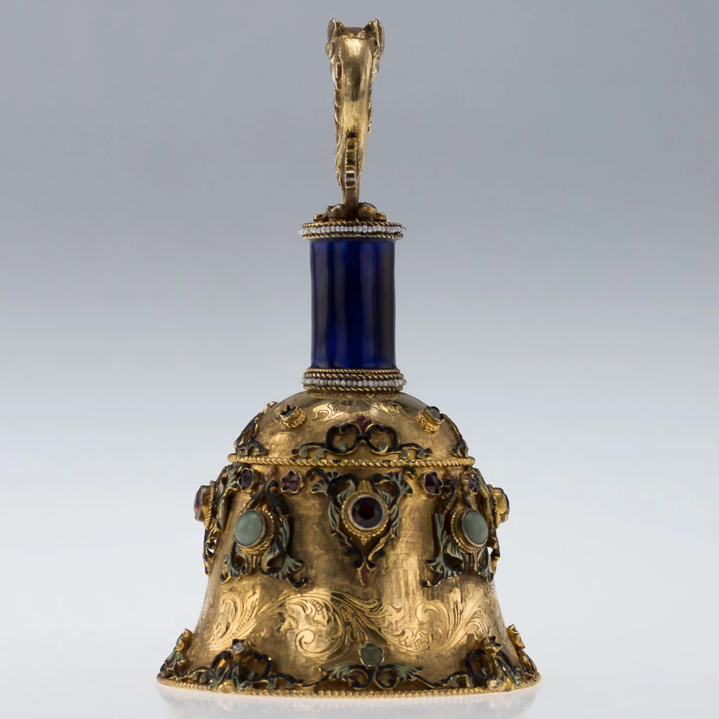 PUSHKIN ANTIQUES ANTIQUE 20thC CONTINENTAL SOLID SILVER GILT JEWELLED & ENAMELLED BELL c.1920-02.jpg