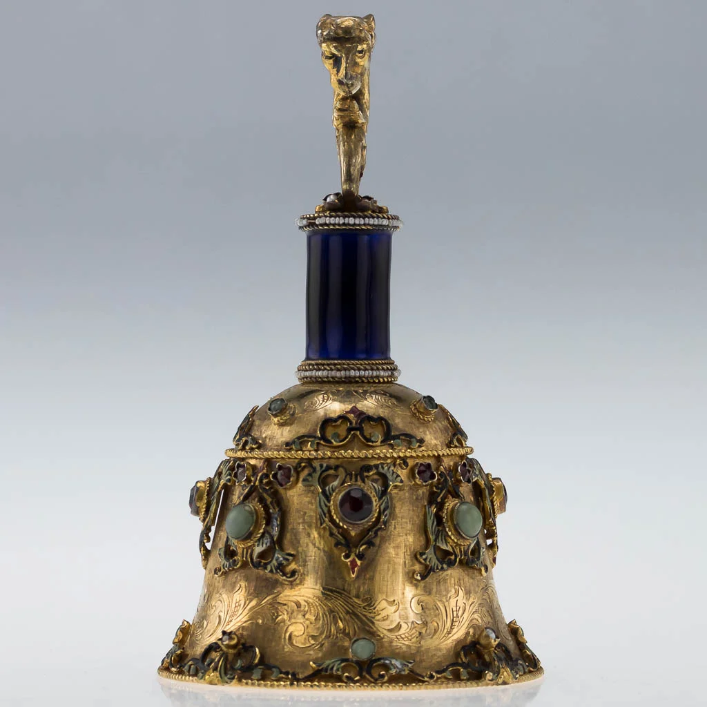 PUSHKIN ANTIQUES ANTIQUE 20thC CONTINENTAL SOLID SILVER GILT JEWELLED & ENAMELLED BELL c.1920-04.jpg