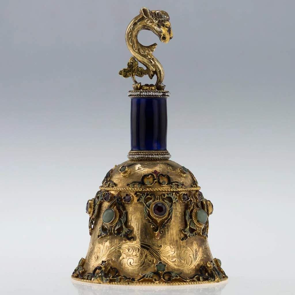 PUSHKIN ANTIQUES ANTIQUE 20thC CONTINENTAL SOLID SILVER GILT JEWELLED & ENAMELLED BELL c.1920-03.jpg