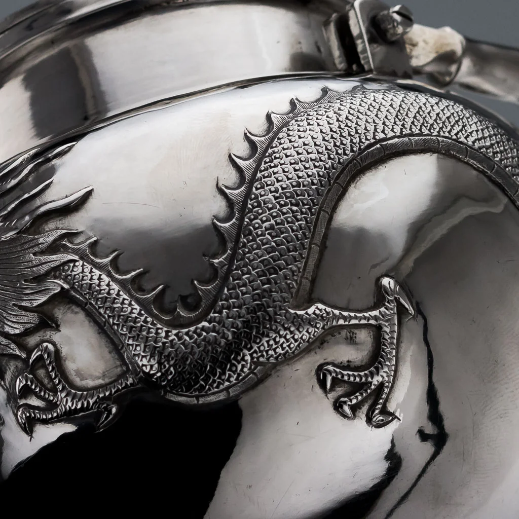 PUSHKIN ANTIQUES ANTIQUE 19thC CHINESE EXPORT SOLID SILVER 3 PS DRAGON TEA SET, WING CHEONG c1890-10.jpg