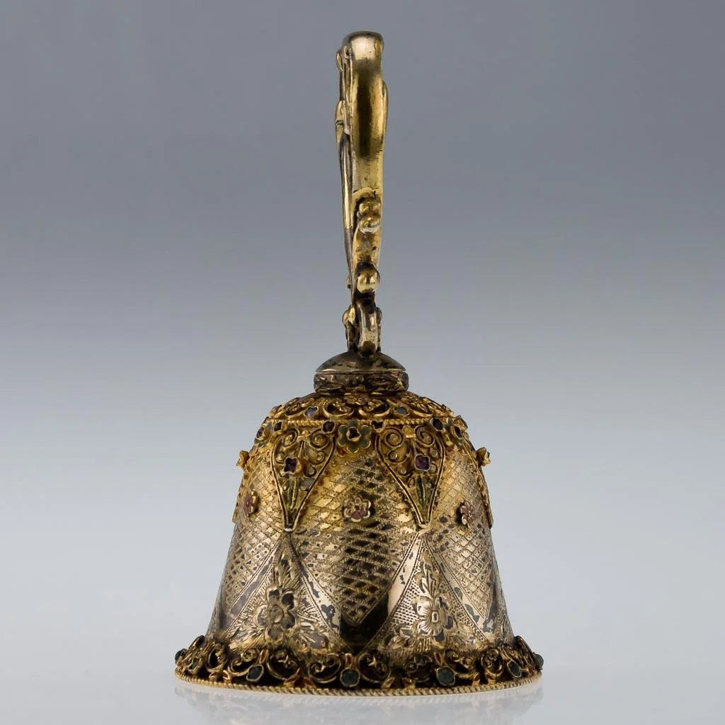 ANTIQUE 20thC CONTINENTAL SOLID SILVER GILT JEWELLED & ENAMELLED BELL c.1910-04.jpg