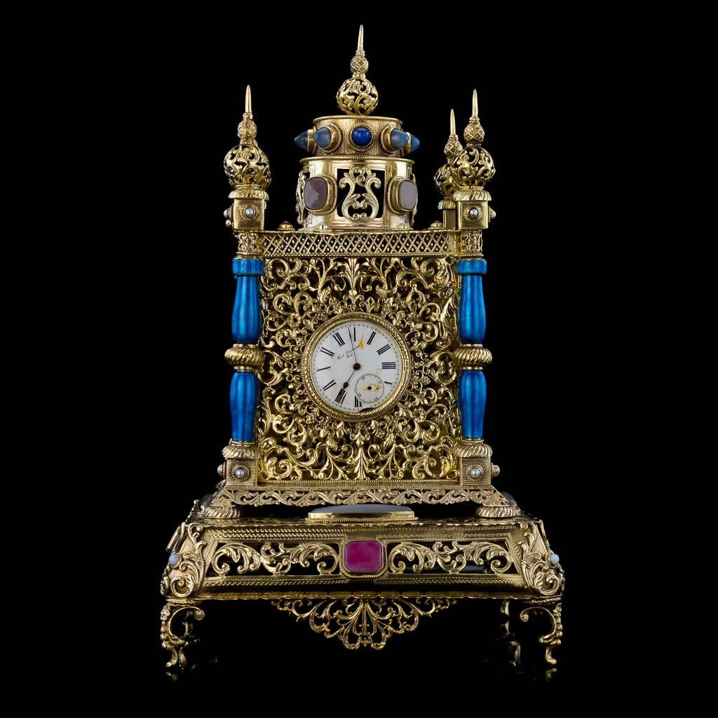 ANTIQUE 20thC AUSTRIAN JEWELLED SOLID SILVER GILT & ENAMEL MANTEL CLOCK c.1900_02.jpg