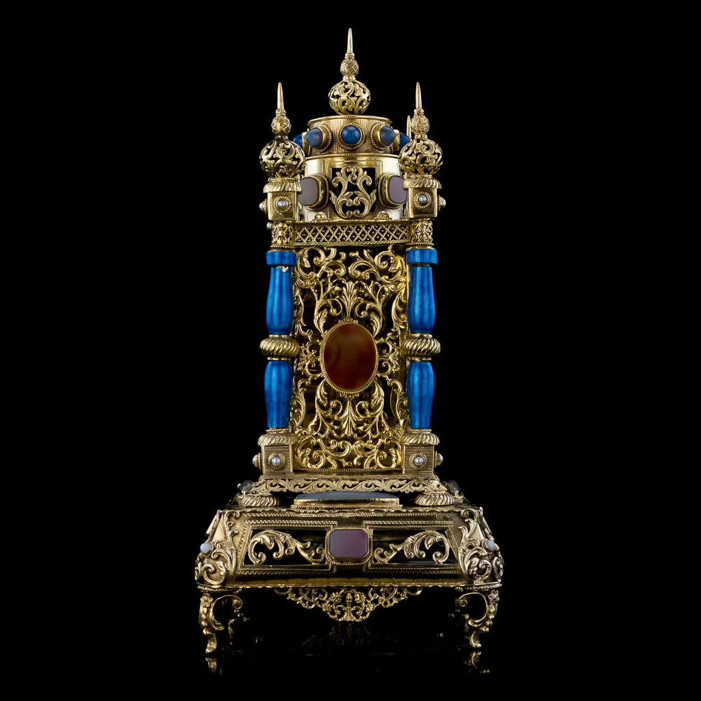 ANTIQUE 20thC AUSTRIAN JEWELLED SOLID SILVER GILT & ENAMEL MANTEL CLOCK c.1900_03.jpg