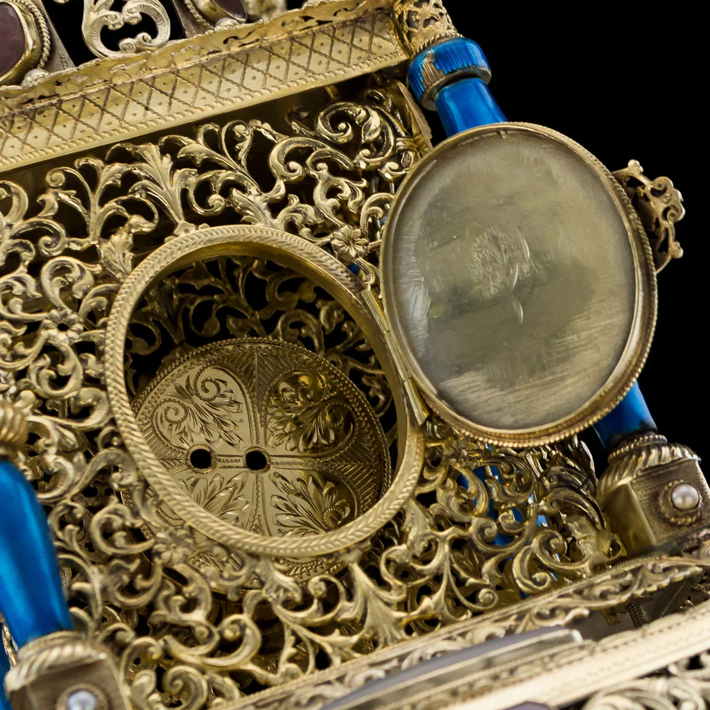 ANTIQUE 20thC AUSTRIAN JEWELLED SOLID SILVER GILT & ENAMEL MANTEL CLOCK c.1900_19.jpg