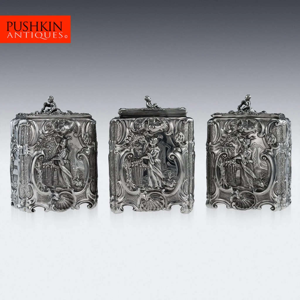 ANTIQUE 18thC GEORGIAN SOLID SILVER CHINOISERIE TEA CADDY SET T HEMMING c1762-01.jpg