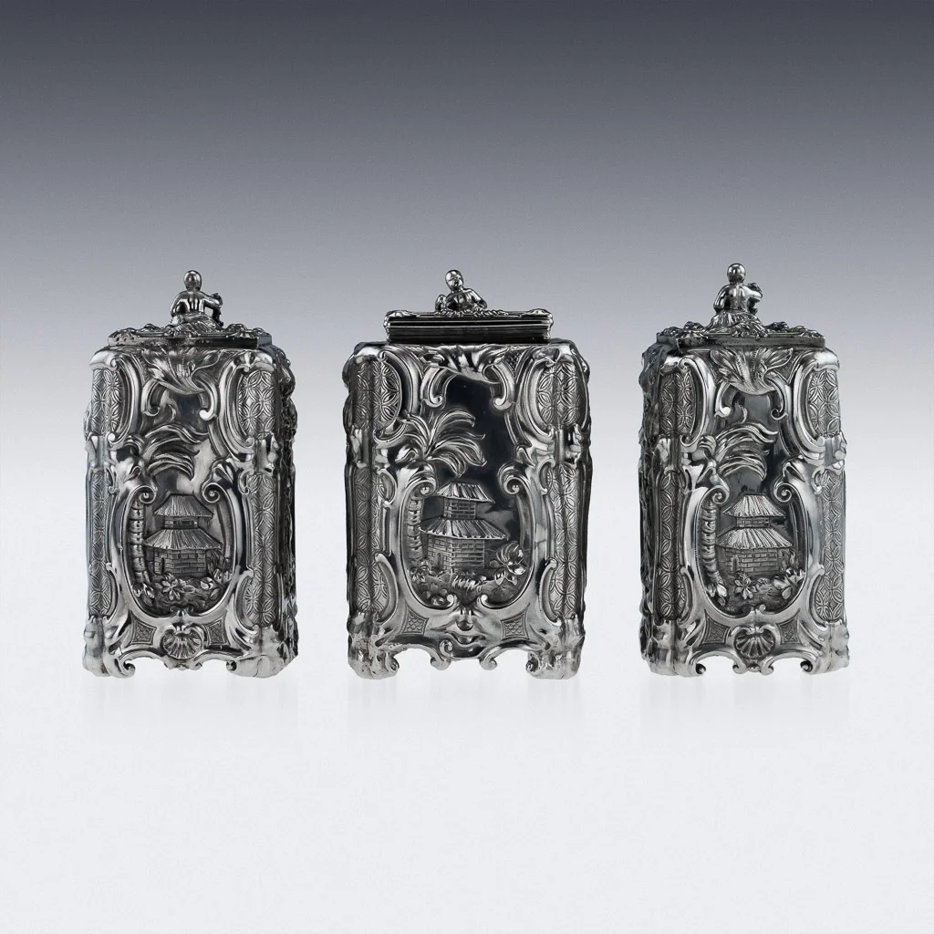 ANTIQUE 18thC GEORGIAN SOLID SILVER CHINOISERIE TEA CADDY SET T HEMMING c1762-03.jpg