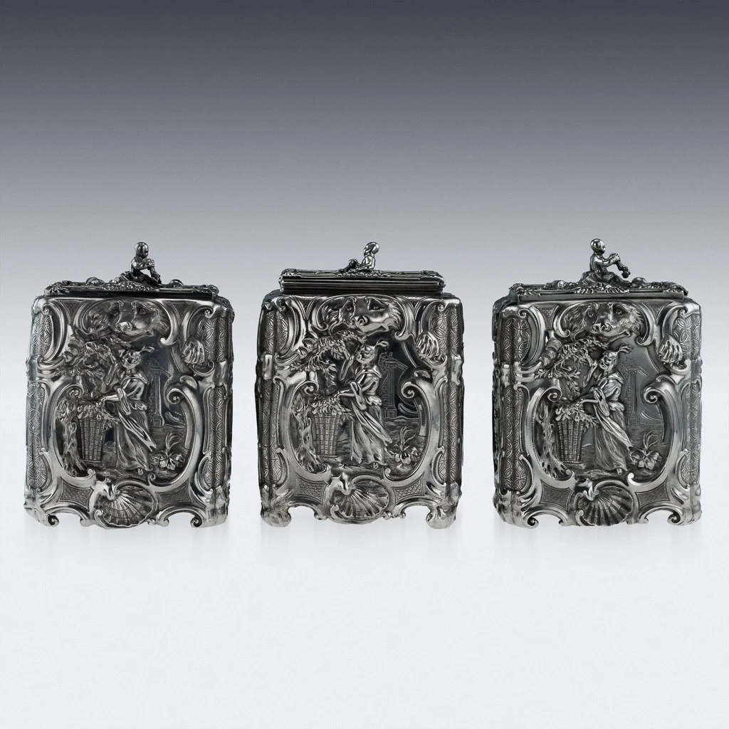 ANTIQUE 18thC GEORGIAN SOLID SILVER CHINOISERIE TEA CADDY SET T HEMMING c1762-04.jpg