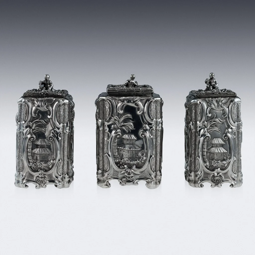 ANTIQUE 18thC GEORGIAN SOLID SILVER CHINOISERIE TEA CADDY SET T HEMMING c1762-05.jpg