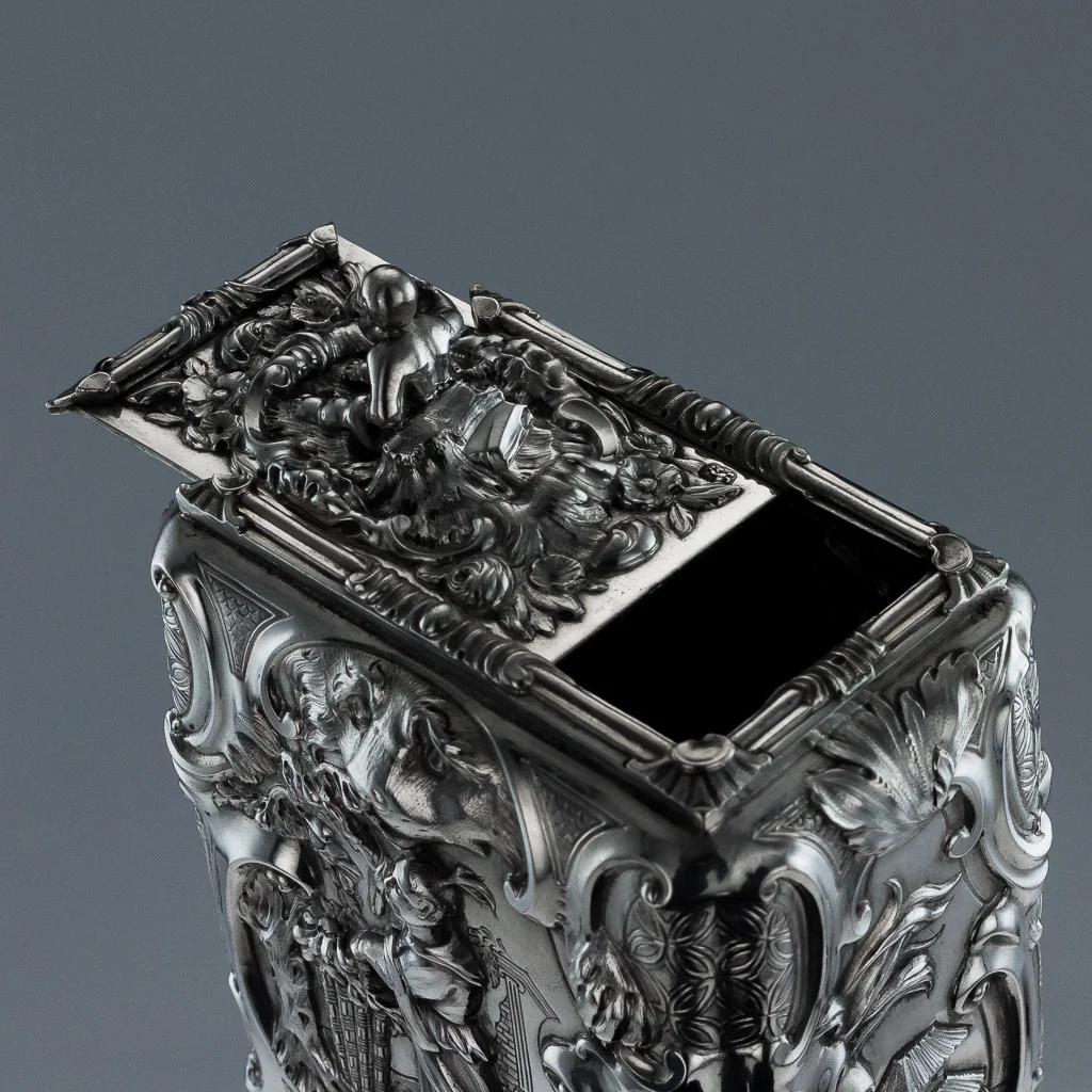 ANTIQUE 18thC GEORGIAN SOLID SILVER CHINOISERIE TEA CADDY SET T HEMMING c1762-16.jpg