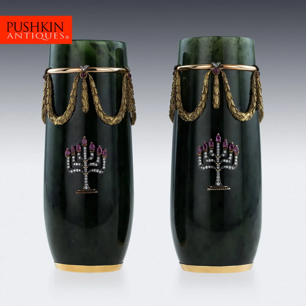 pushkin antiques STUNNING 20thC RUSSIAN STYLE 18K GOLD, NEPHRITE, DIAMONDS, RUBIES, VASES c.1980-01.jpg