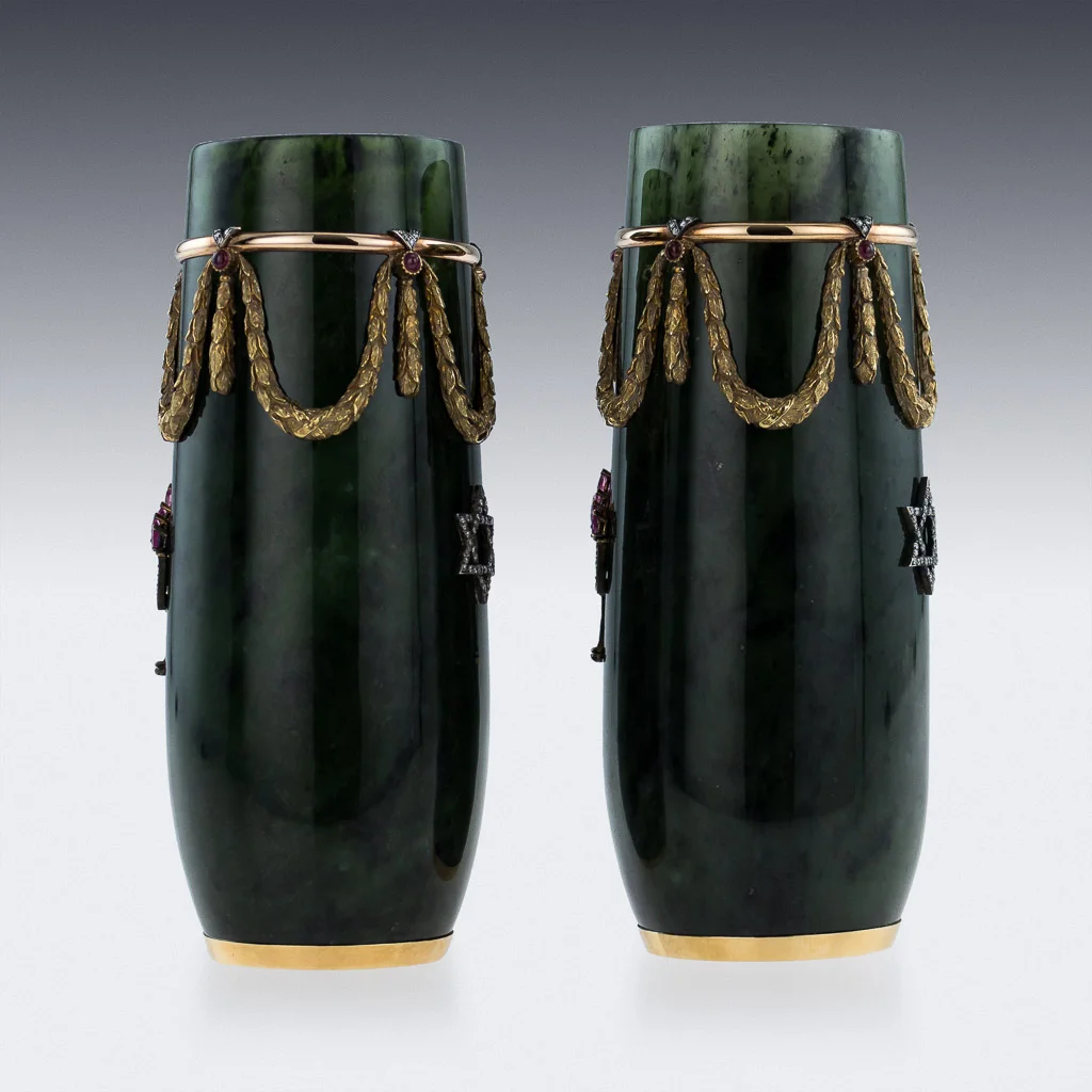 pushkin antiques STUNNING 20thC RUSSIAN STYLE 18K GOLD, NEPHRITE, DIAMONDS, RUBIES, VASES c.1980-02.jpg