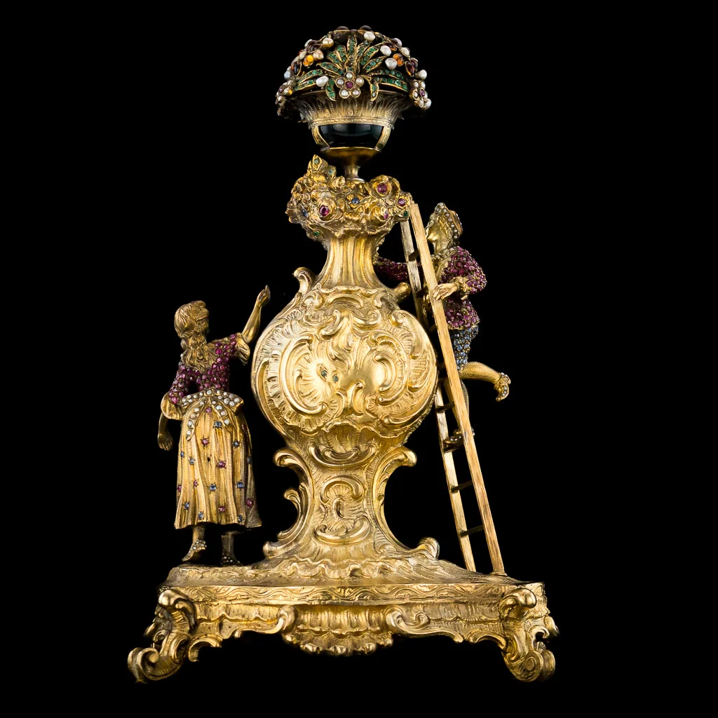 pushkin antiques ANTIQUE 19thC AUSTRIAN JEWELLED, SOLID SILVER GILT & ENAMEL MANTEL CLOCK c.1890-04.jpg