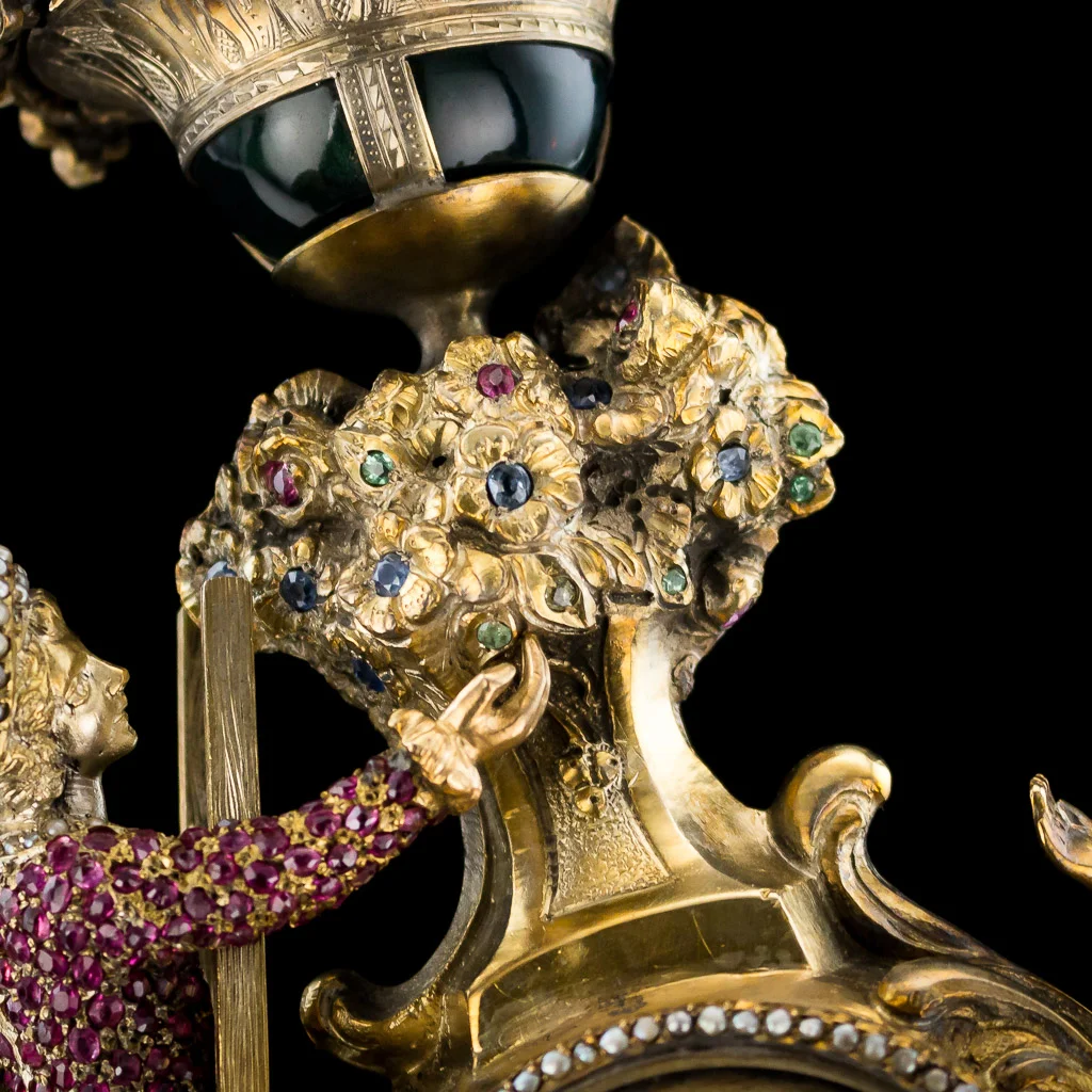 pushkin antiques ANTIQUE 19thC AUSTRIAN JEWELLED, SOLID SILVER GILT & ENAMEL MANTEL CLOCK c.1890-08.jpg