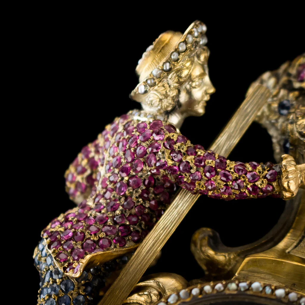 pushkin antiques ANTIQUE 19thC AUSTRIAN JEWELLED, SOLID SILVER GILT & ENAMEL MANTEL CLOCK c.1890-19.jpg