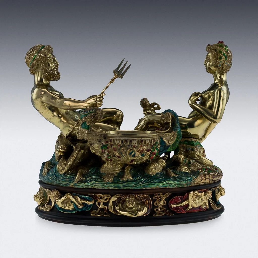 pushkin antiques - STUNNING 20thC ITALIAN SOLID SILVER GILT & ENAMEL CELLINI SALT CELLAR c.1960-02.jpg