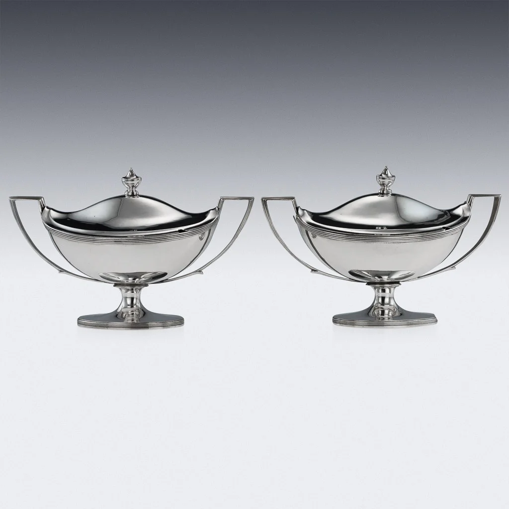 PUSHKIN ANTIQUES - ANTIQUE 19thC GEORGIAN SOLID SILVER PAIR OF SAUCE TUREENS, JOHN EMES c.1803 - 02.jpg