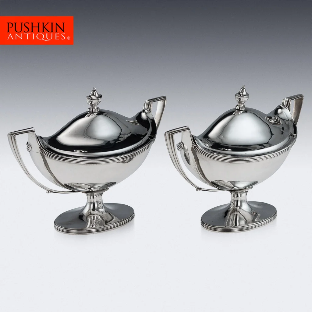 PUSHKIN ANTIQUES - ANTIQUE 19thC GEORGIAN SOLID SILVER PAIR OF SAUCE TUREENS, JOHN EMES c.1803 - 01.jpg