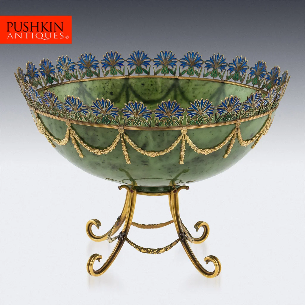 PUSHKIN ANTIQUES - STUNNING 20thC RUSSIAN STYLE 18K GOLD, NEPHRITE, DIAMONDS, RUBIES, BOWL c.1980- 01.jpg