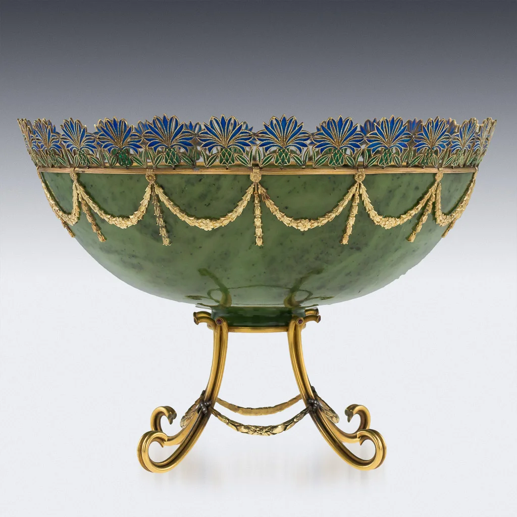 PUSHKIN ANTIQUES - STUNNING 20thC RUSSIAN STYLE 18K GOLD, NEPHRITE, DIAMONDS, RUBIES, BOWL c.1980- 05.jpg