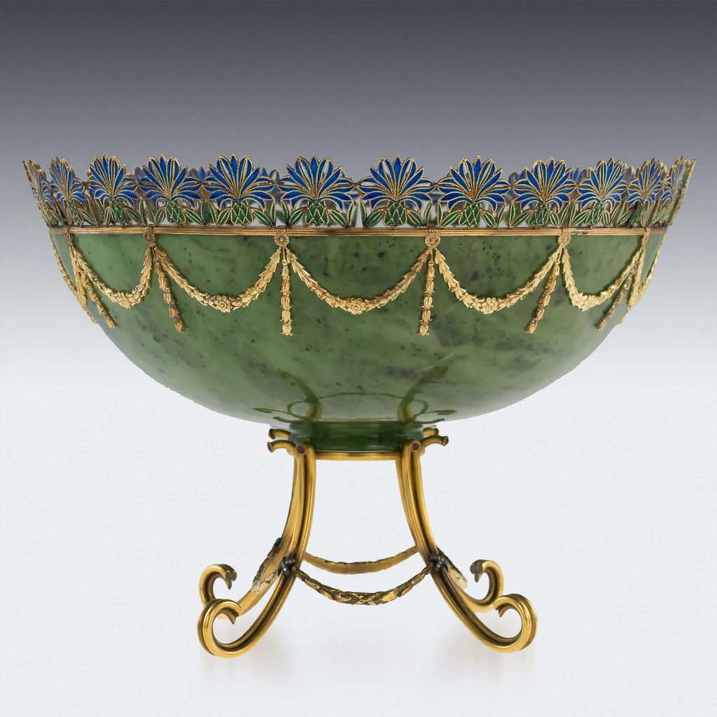 PUSHKIN ANTIQUES - STUNNING 20thC RUSSIAN STYLE 18K GOLD, NEPHRITE, DIAMONDS, RUBIES, BOWL c.1980- 04.jpg