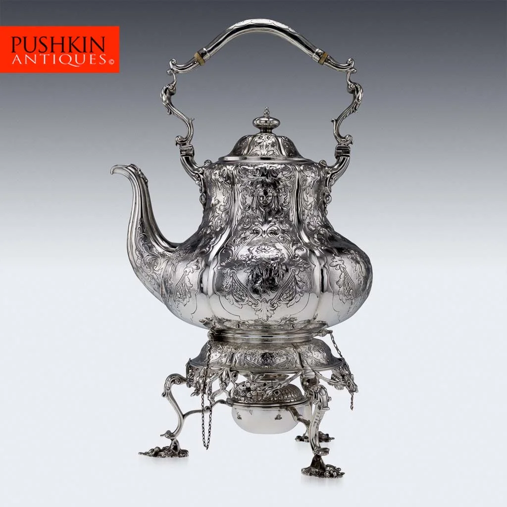 ANTIQUE 19THC RARE VICTORIAN SOLID SILVER LARGE TEA KETTLE STAND & BURNER C.1853-01.jpg
