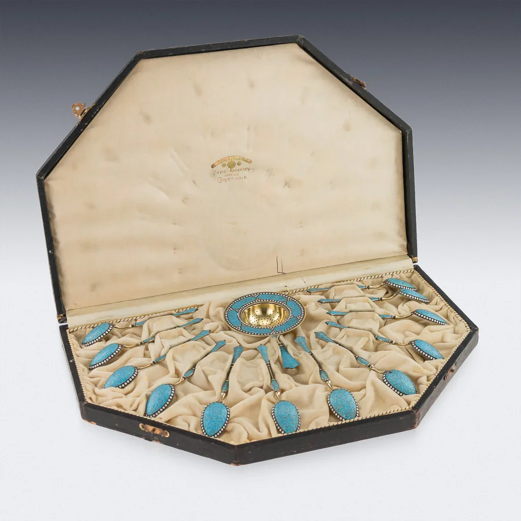 Pushkin Antiques - ANTIQUE 19THC NORWEGIAN SOLID SILVER & ENAMEL SPOONS & STRAINER, ANDERSEN C.1890-02.jpg