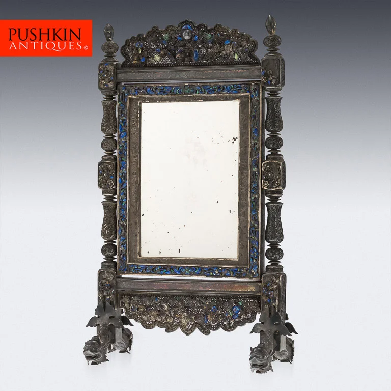 ANTIQUE 19thC RARE CHINESE SOLID SILVER & ENAMEL MIRROR, DA XING c.1870.jpg