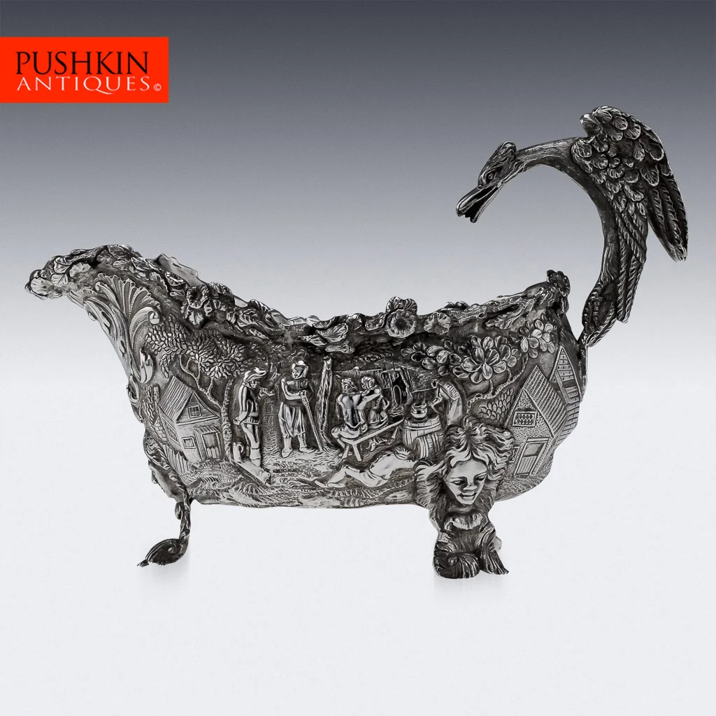 Pushkin Antiques - ANTIQUE 19thC GEORGIAN SOLID SILVER TENIERS SAUCE BOAT, E FARRELL c.1818-01.jpg