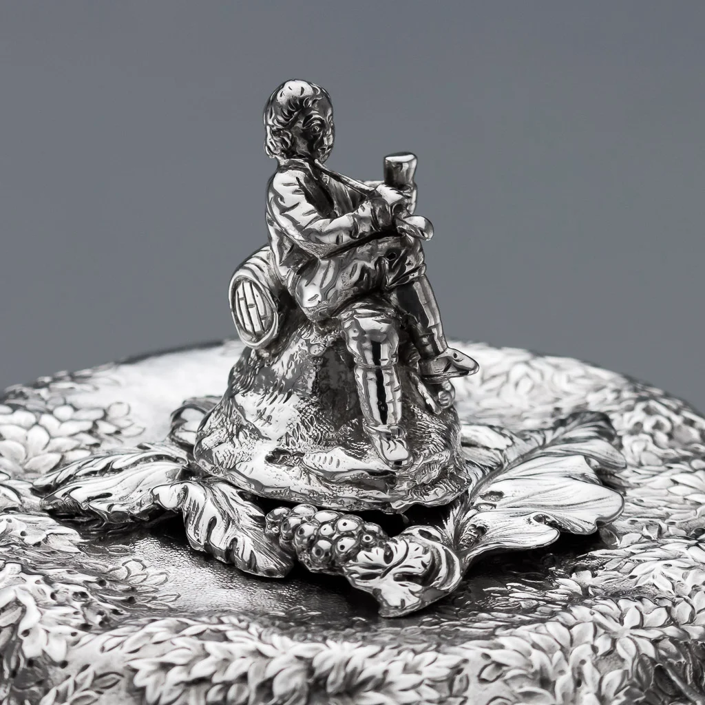 Pushkin Antiques - ANTIQUE 19thC RARE GEORGIAN SOLID SILVER TENIERS DISH & COVER, E FARRELL c.1822-09.jpg