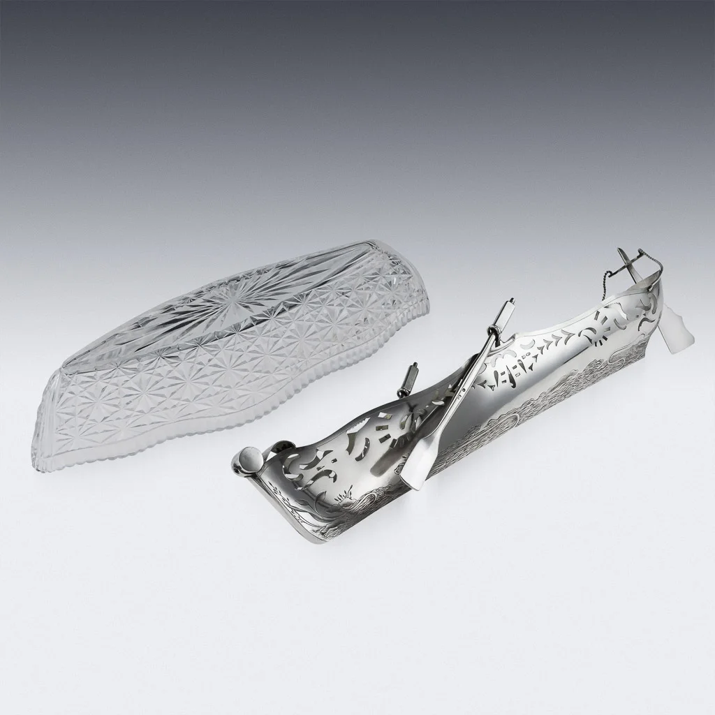 Pushkin Antiques - ANTIQUE 20thC IMPERIAL RUSSIAN SOLID SILVER & GLASS CAVIAR BOAT, MOSCOW c.1910-06.jpg
