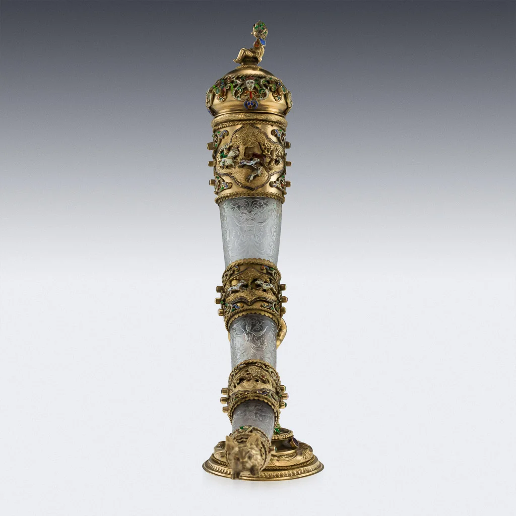 Pushkin Antiques - ANTIQUE 19thC AUSTRIAN SILVER GILT, ROCK CRYSTAL & ENAMEL HUNTING HORN c.1890-02.jpg
