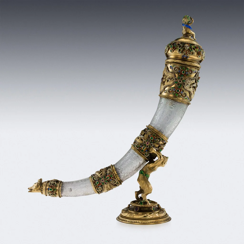 Pushkin Antiques - ANTIQUE 19thC AUSTRIAN SILVER GILT, ROCK CRYSTAL & ENAMEL HUNTING HORN c.1890-03.jpg