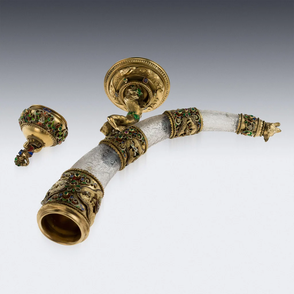 Pushkin Antiques - ANTIQUE 19thC AUSTRIAN SILVER GILT, ROCK CRYSTAL & ENAMEL HUNTING HORN c.1890-06.jpg