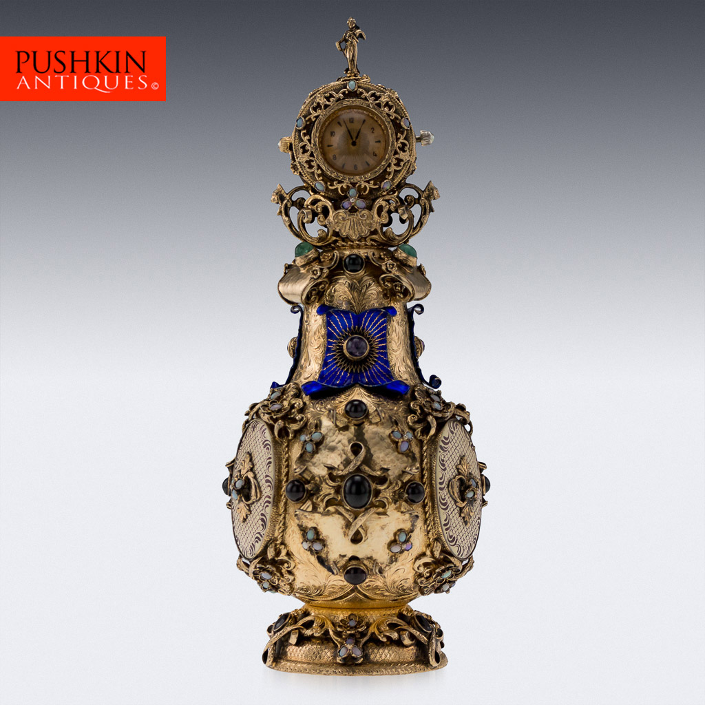 ANTIQUE 20thC AUSTRIAN SOLID SILVER, GEMSTONES & ENAMEL CLOCK DECANTER c.1900.jpg