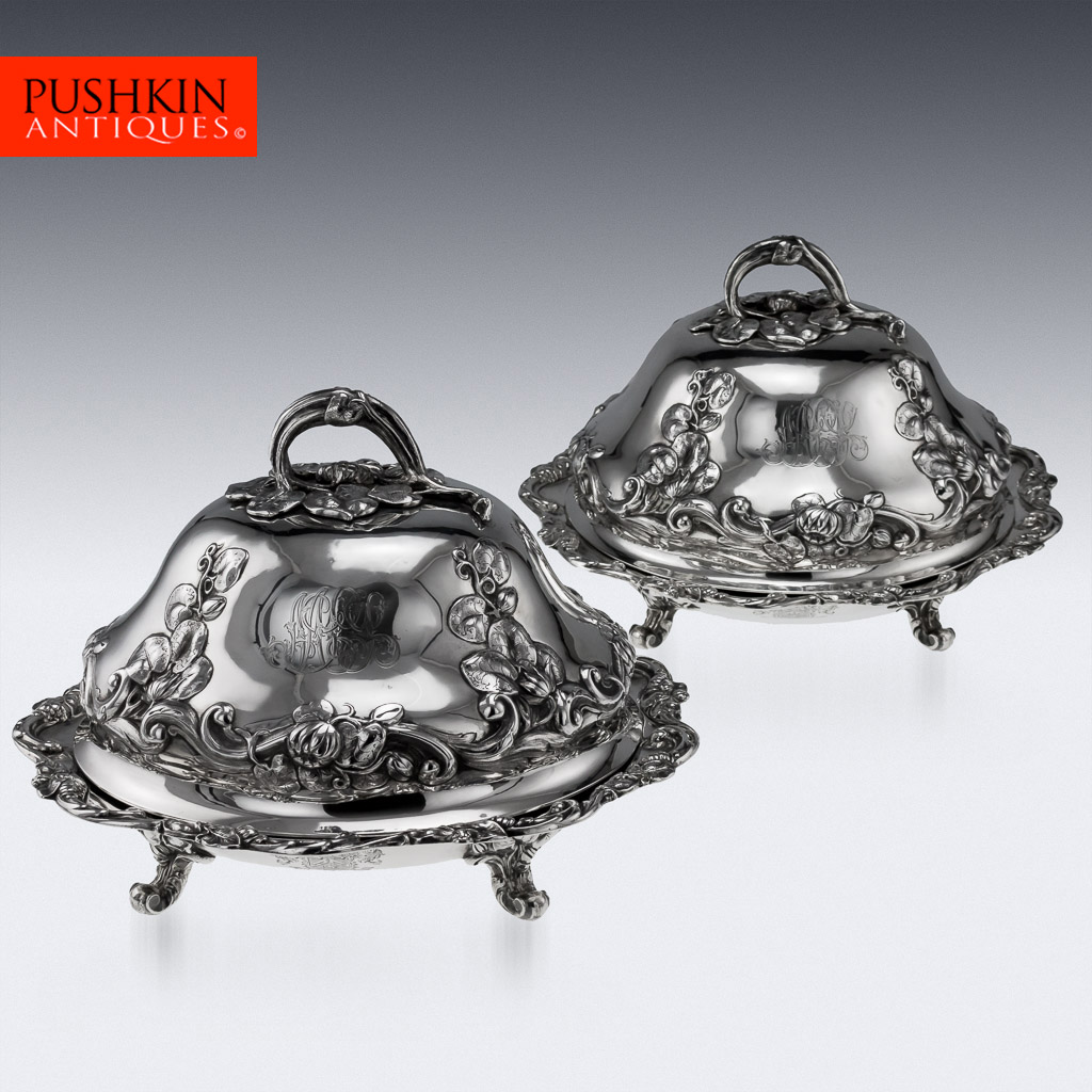 ANTIQUE 19thC VICTORIAN SOLID SILVER PAIR OF ENTREE DISHES & COVERS, HUNT c.1855.jpg