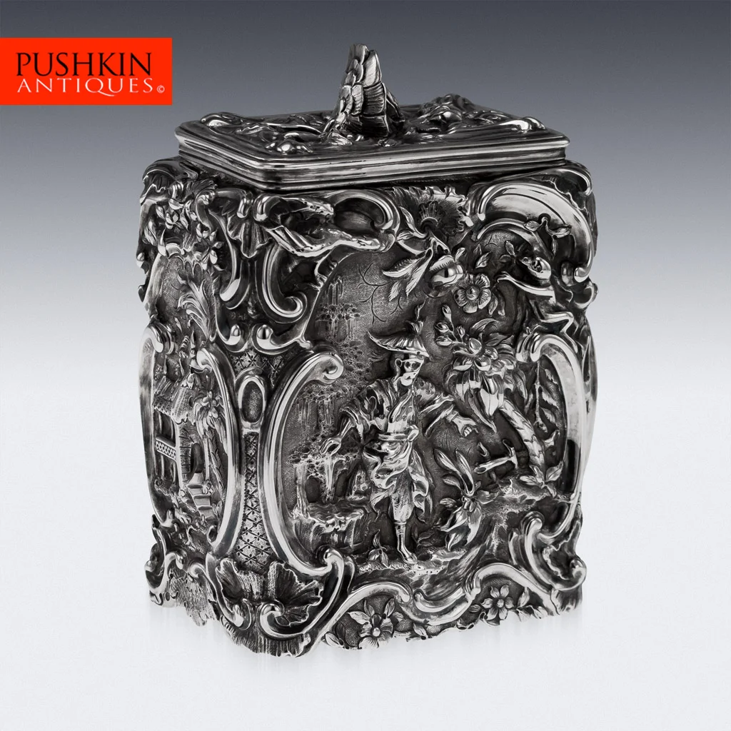 ANTIQUE 18thC RARE GEORGIAN SOLID SILVER CHINOISERIE TEA CADDY, W CRIPPS c.1758.jpg