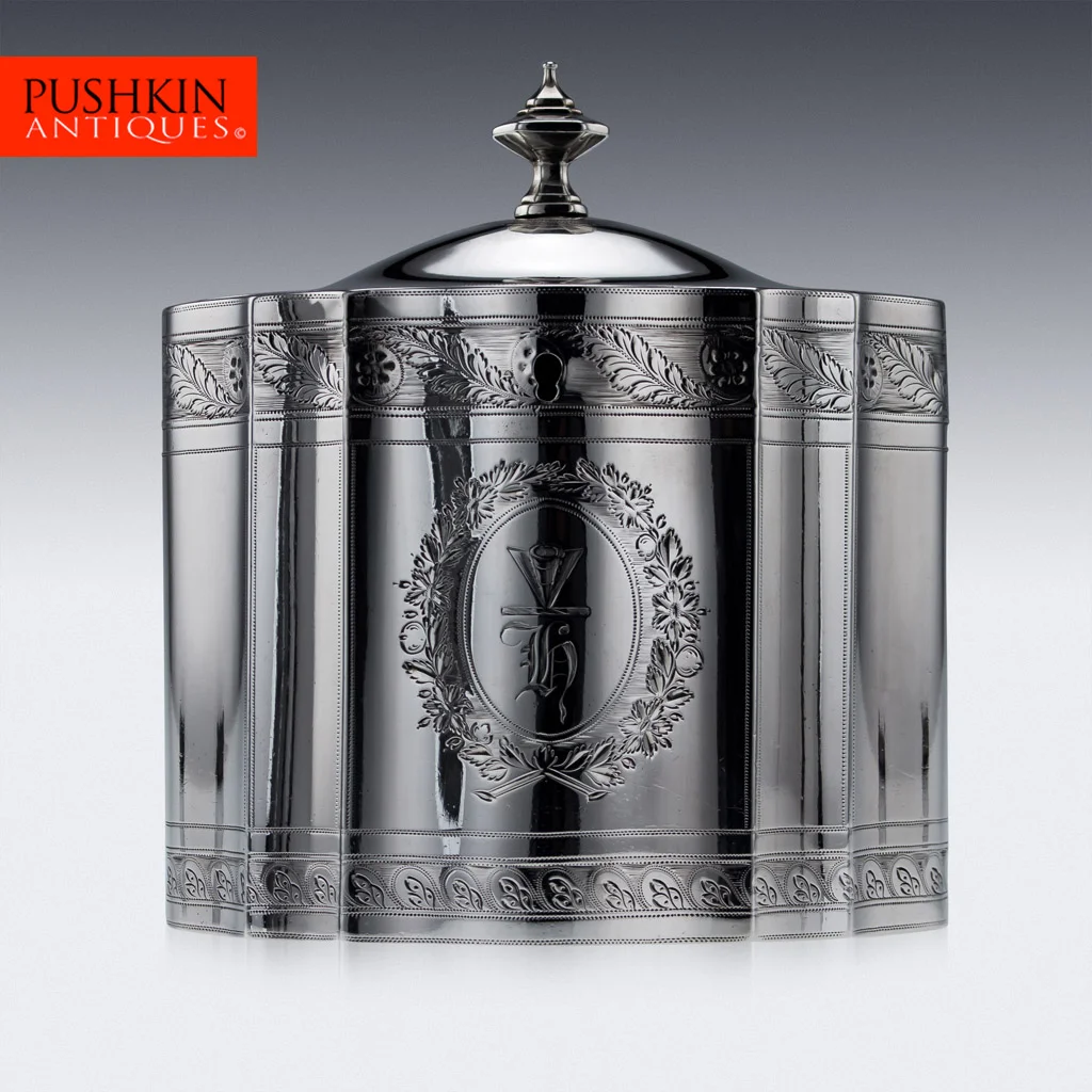 ANTIQUE 18thC RARE GEORGIAN SOLID SILVER TEA CADDY, DENZILOW, LONDON c.1794.jpg